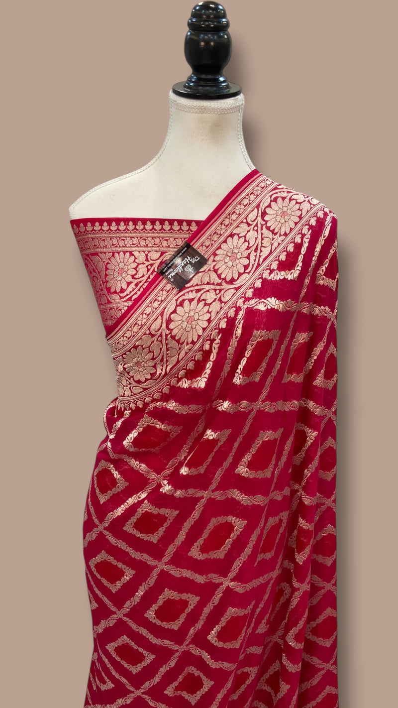 Hot Pink Pure Khaddi Georgette Handloom Banarasi Saree - The Handlooms