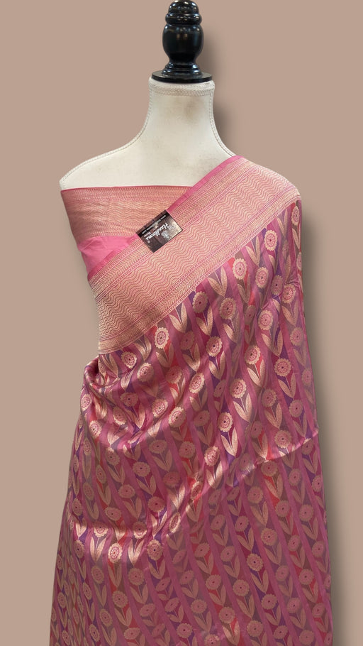 Multicolor Pure Katan Silk Banarasi Handloom Saree - All over Jaal Work With Rangkart - The Handlooms