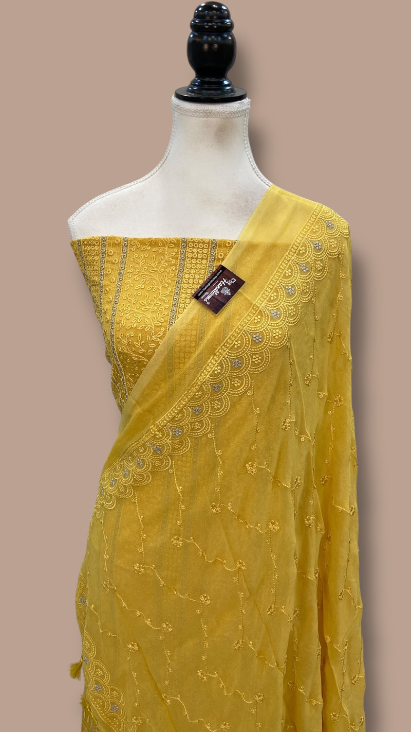Pure Georgette Banarasi Chikankari Dress Material - The Handlooms