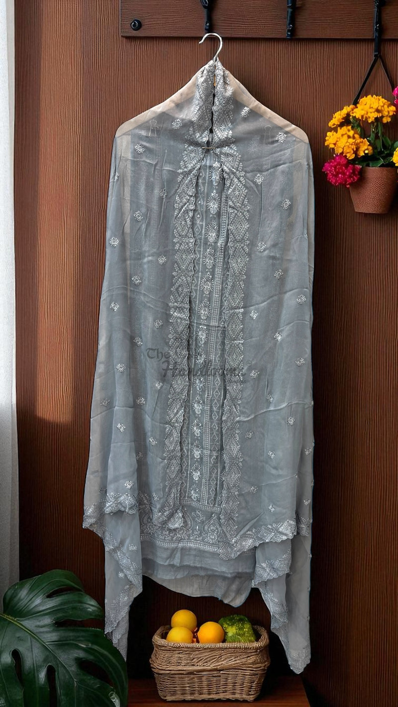 Pure Georgette Banarasi Chikan kari Dress Material - The Handlooms