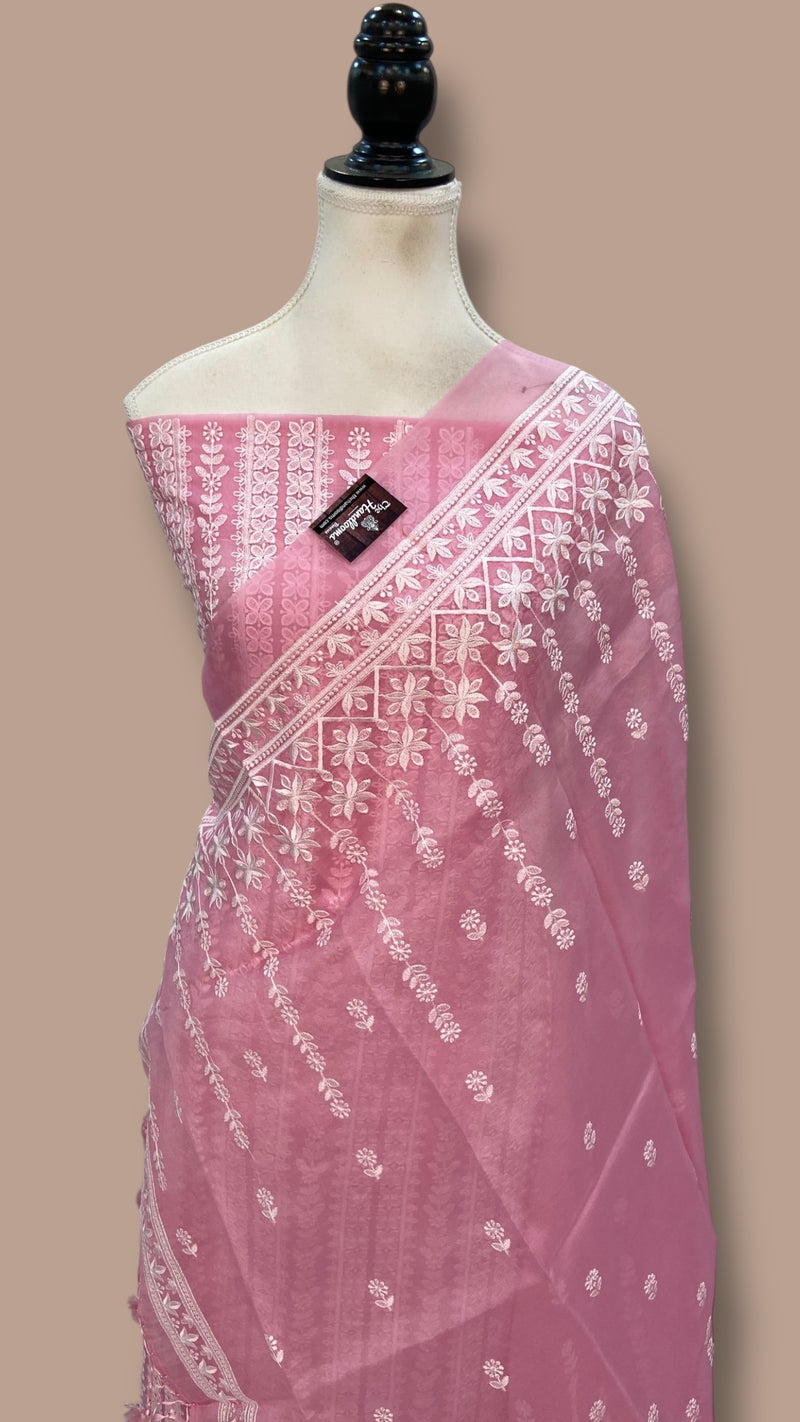Pure Organza Chikankari Handloom Banarasi Dress Material - The Handlooms