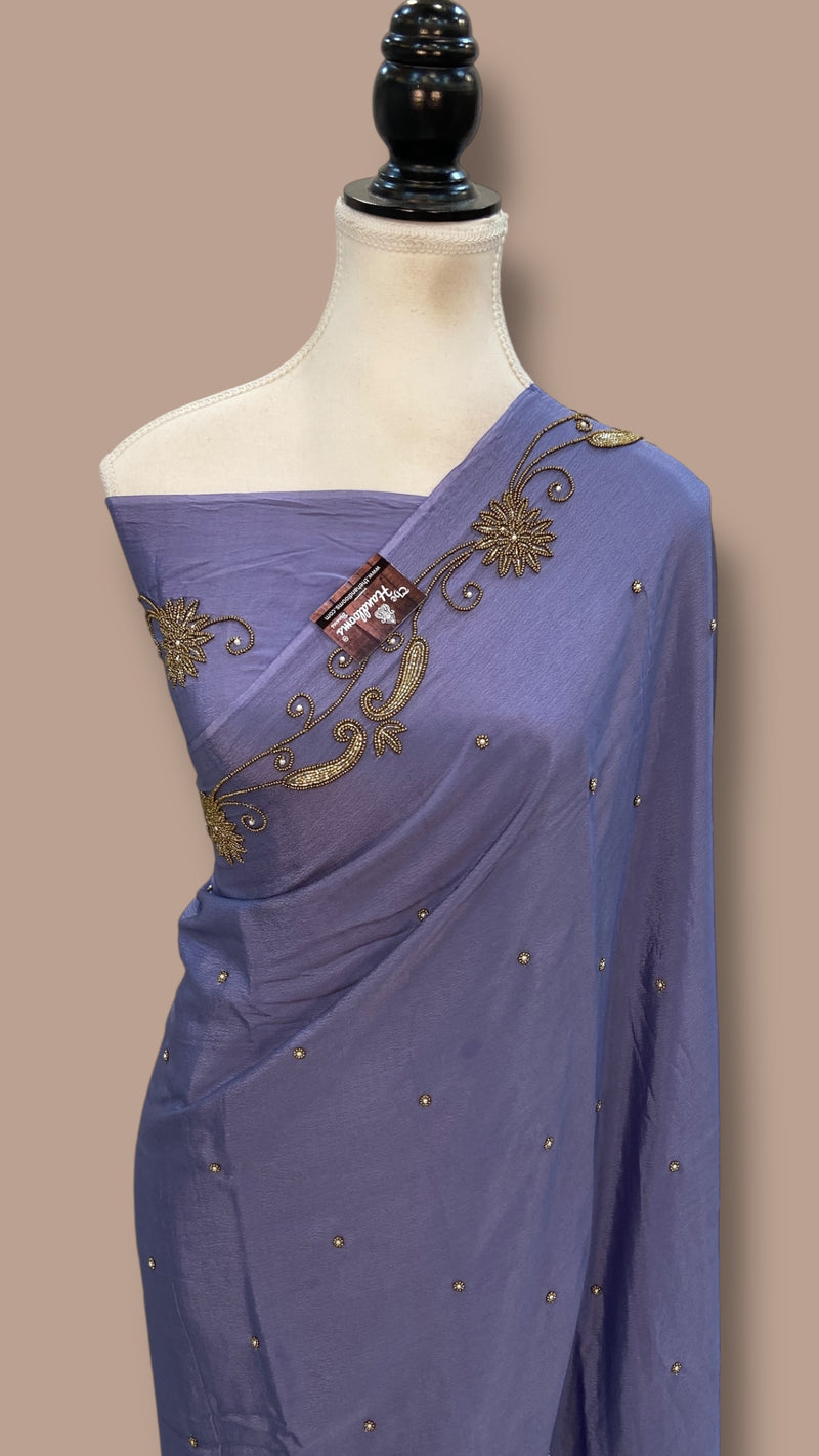 Pure Crepe Silk Handloom Banarasi Saree with Handwork - The Handlooms