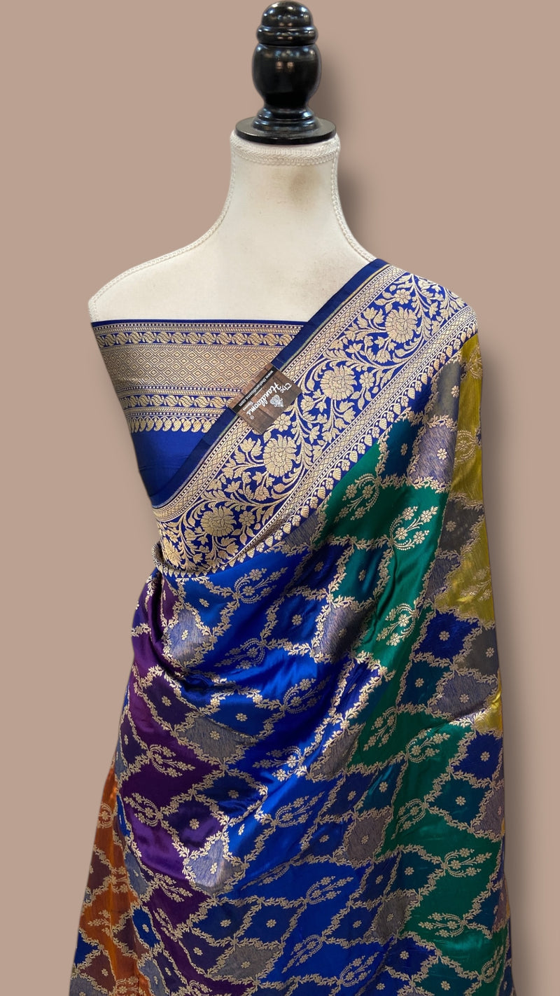Multicolor Pure Katan Silk Banarasi Handloom Saree - All over Jaal Work With Rangkart - The Handlooms