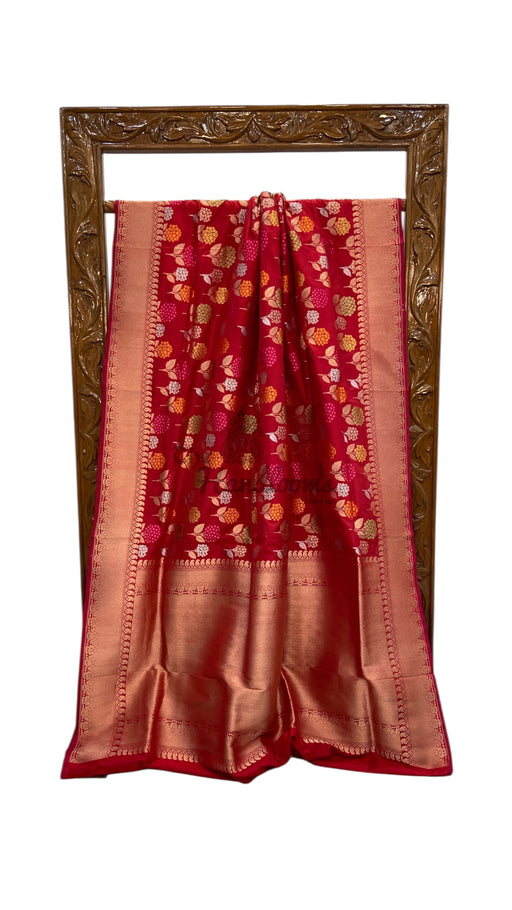 Red Pure Katan Silk Banarasi Handloom Saree - All over Jaal Work With Meenakari - The Handlooms