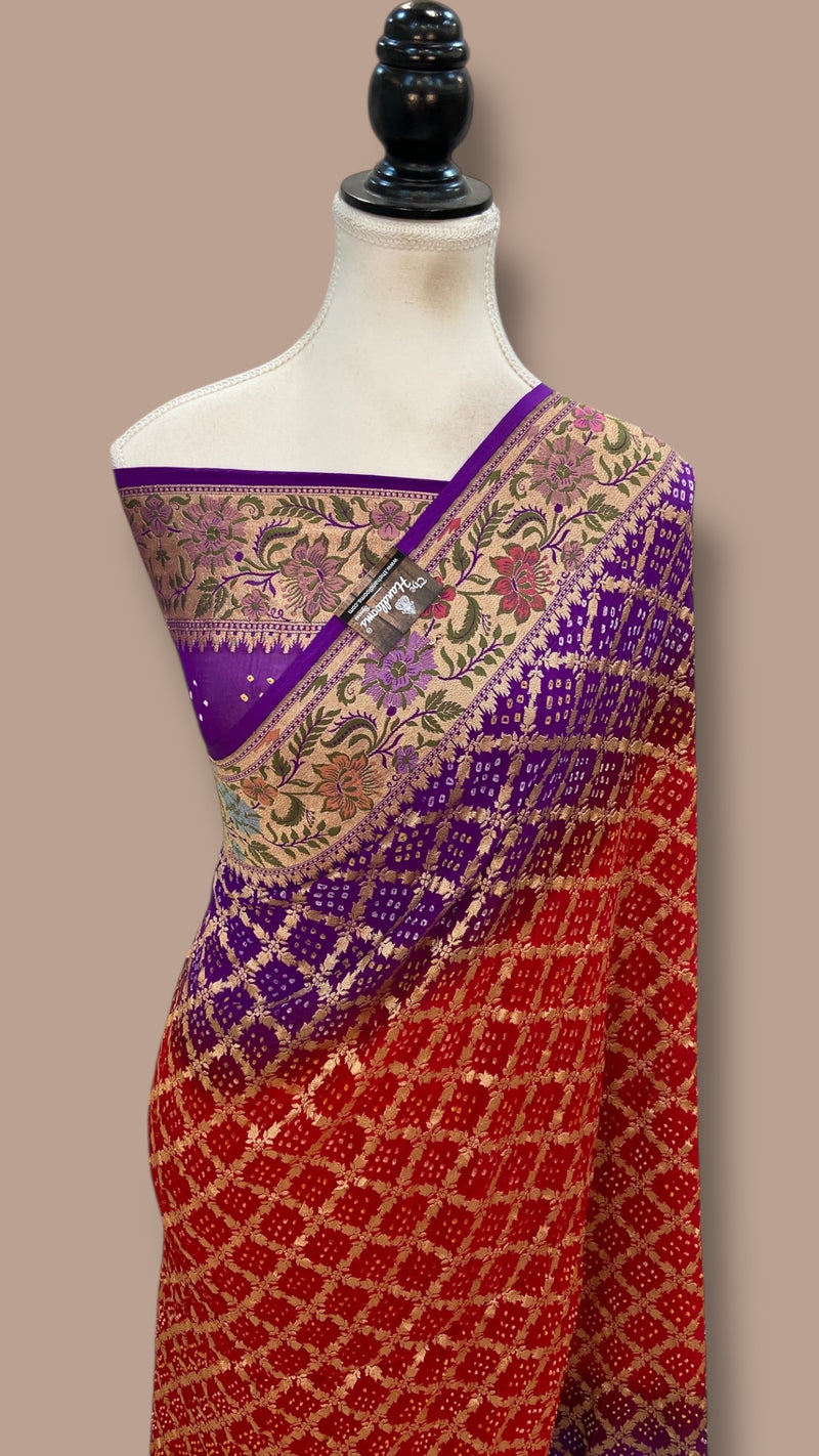Pure Georgette Banarasi Bandhej Handloom Saree - Meenakari - The Handlooms