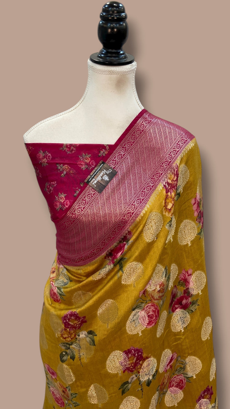 Pure Chiniya Silk Handloom Banarasi Saree Digital Print - The Handlooms