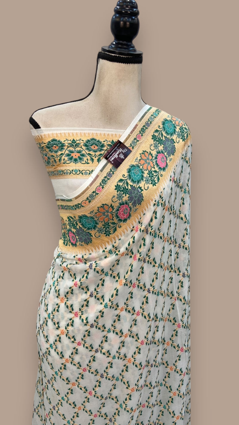 Pure Georgette Banarasi Handloom Saree - with meenakari work Gold Zari - The Handlooms