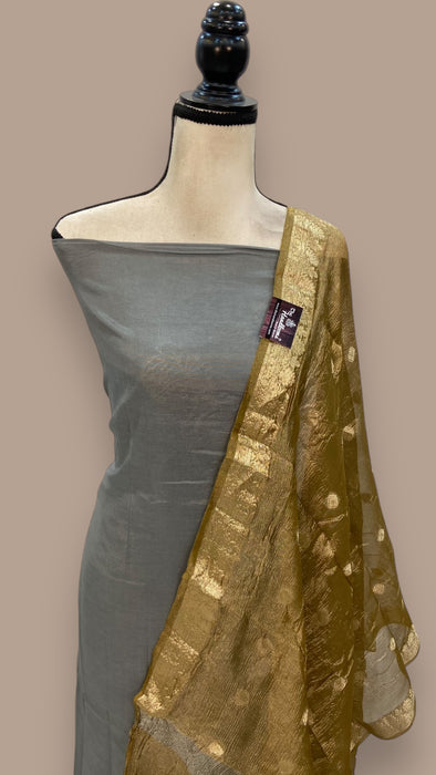 Pure Chanderi Cotton Banarasi Dress material - Chikankari With Organza Dupatta