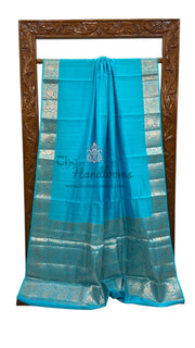 Sky Blue Pure Chiniya Silk Khaddi Handloom Banarasi Saree - The Handlooms
