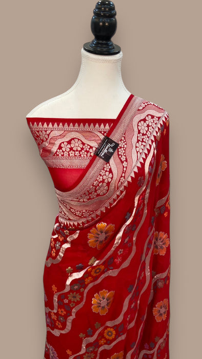 Pure Khaddi Georgette Handloom Banarasi Saree - All over Jaal Work With Meenakari