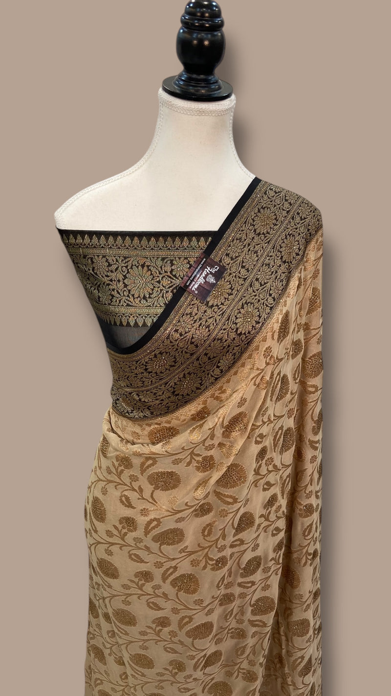 Khaddi Georgette Handloom Banarasi Saree with Siroski Stone Work - The Handlooms