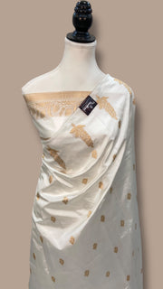 White Pure Katan Silk Banarasi Handloom Saree - All over Kadua motifs - The Handlooms