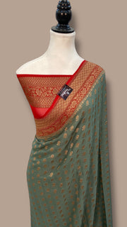 Khaddi Georgette Handloom Banarasi Saree - Antique Zari - The Handlooms