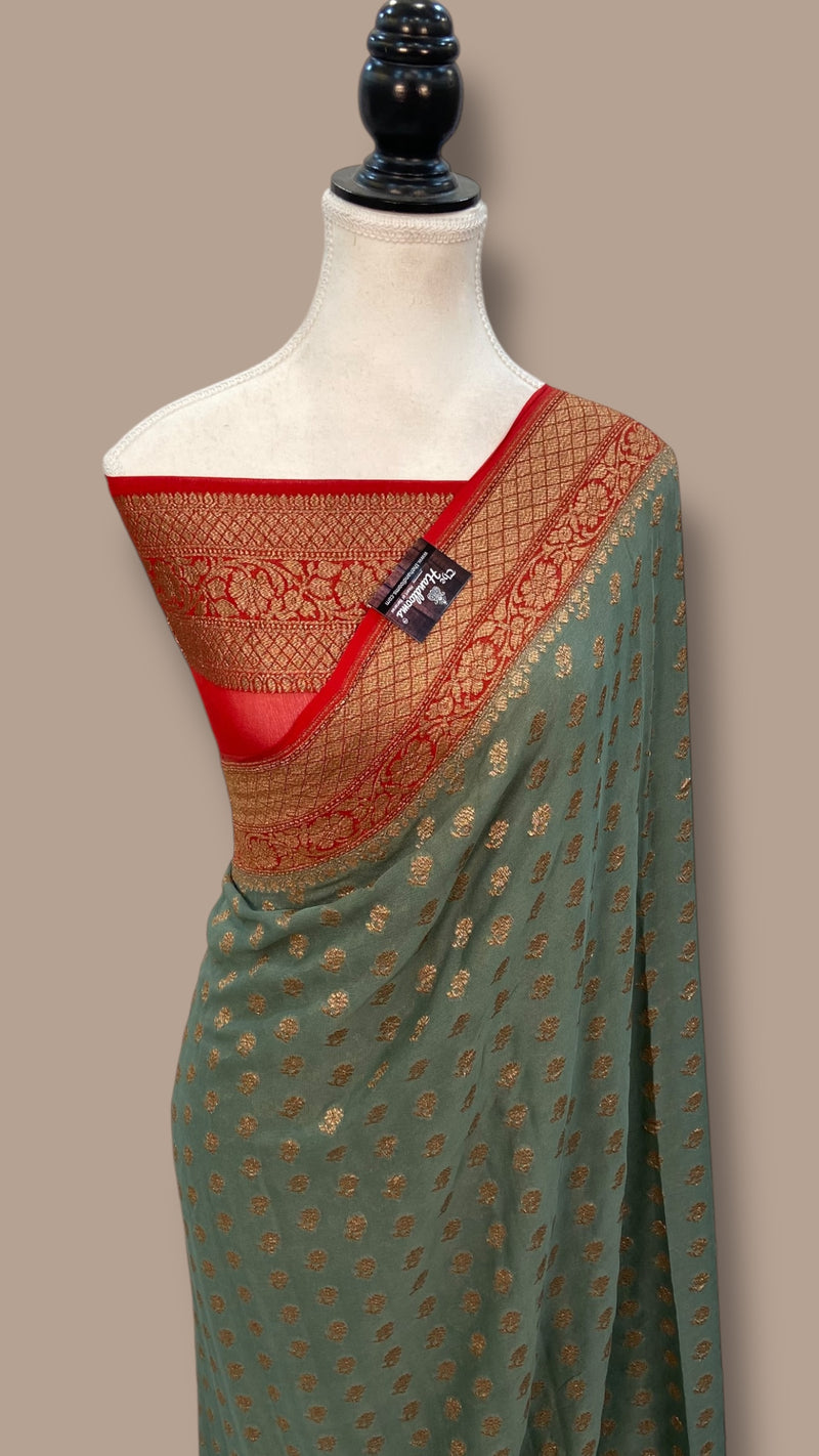 Khaddi Georgette Handloom Banarasi Saree - Antique Zari - The Handlooms