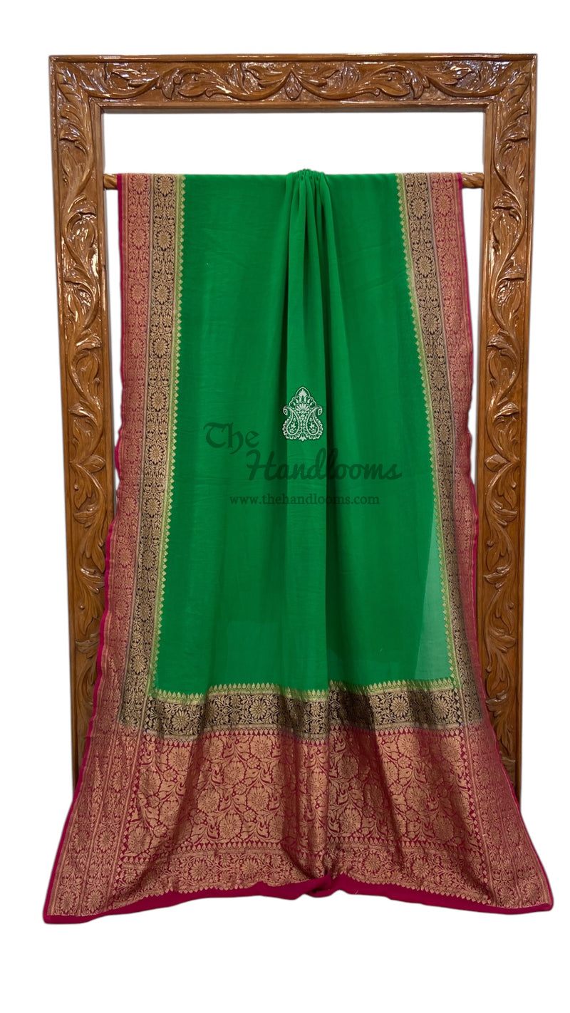 Green Pure Khaddi Georgette Handloom Banarasi Saree - The Handlooms
