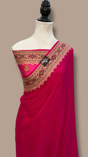 Hot Pink Pure Chiffon Khaddi Banarasi Saree - The Handlooms