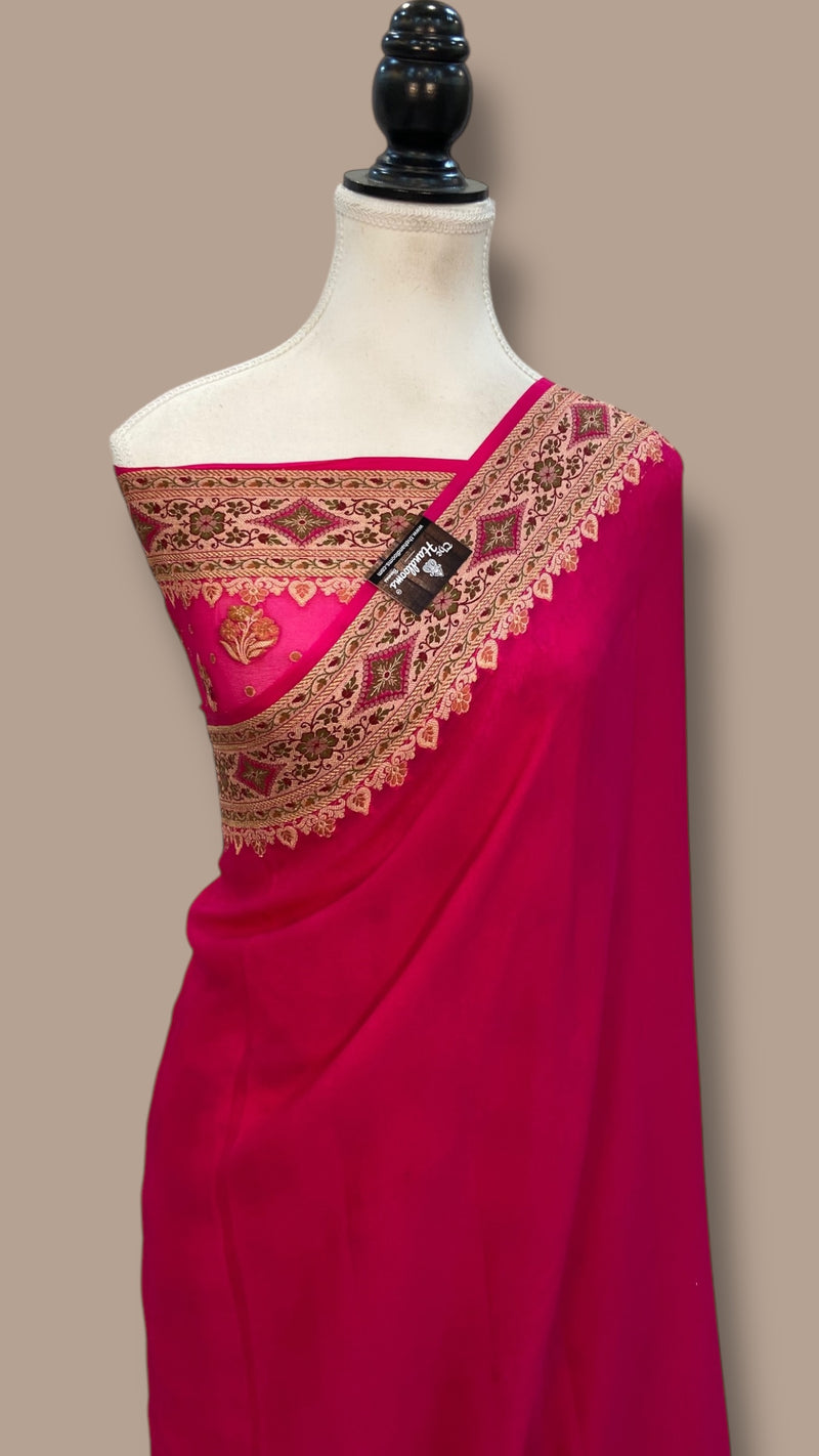 Hot Pink Pure Chiffon Khaddi Banarasi Saree - The Handlooms