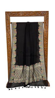 Black Pure Khaddi Georgette Handloom Banarasi Saree with water zari - The Handlooms