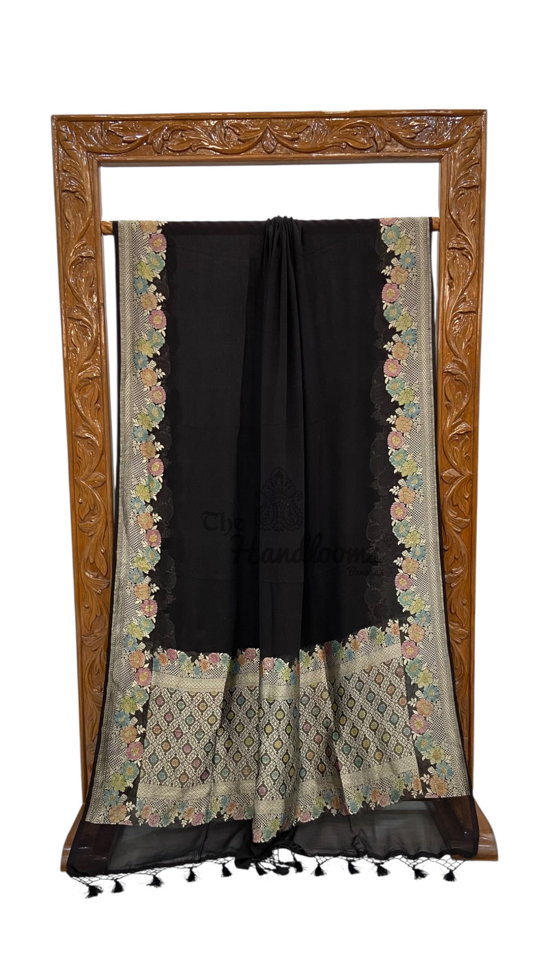 Black Pure Khaddi Georgette Handloom Banarasi Saree with water zari - The Handlooms