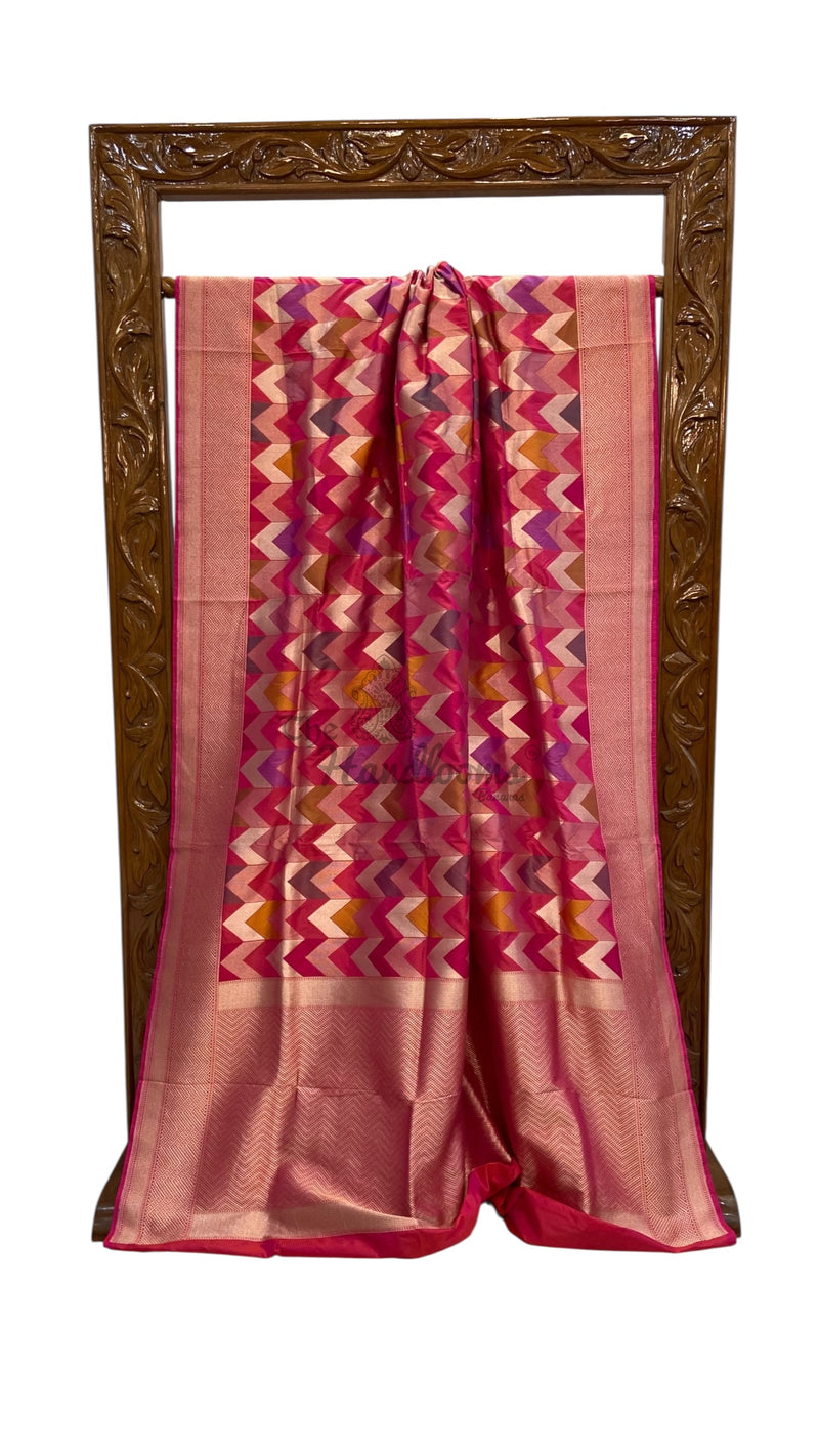 Multicolor Pure Katan Silk Banarasi Handloom Saree - All over Jaal Work With Rangkart - The Handlooms