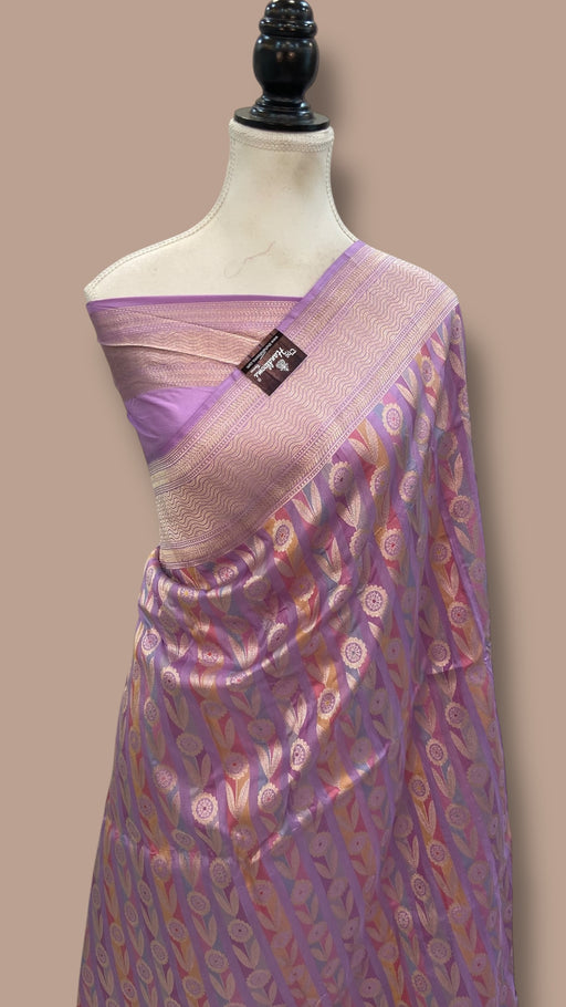 Multicolor Pure Katan Silk Banarasi Handloom Saree - All over Jaal Work With Rangkart - The Handlooms