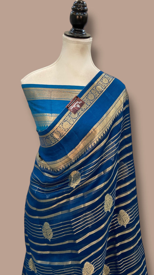German Blue Pure Kora Handloom Banarasi Saree - The Handlooms