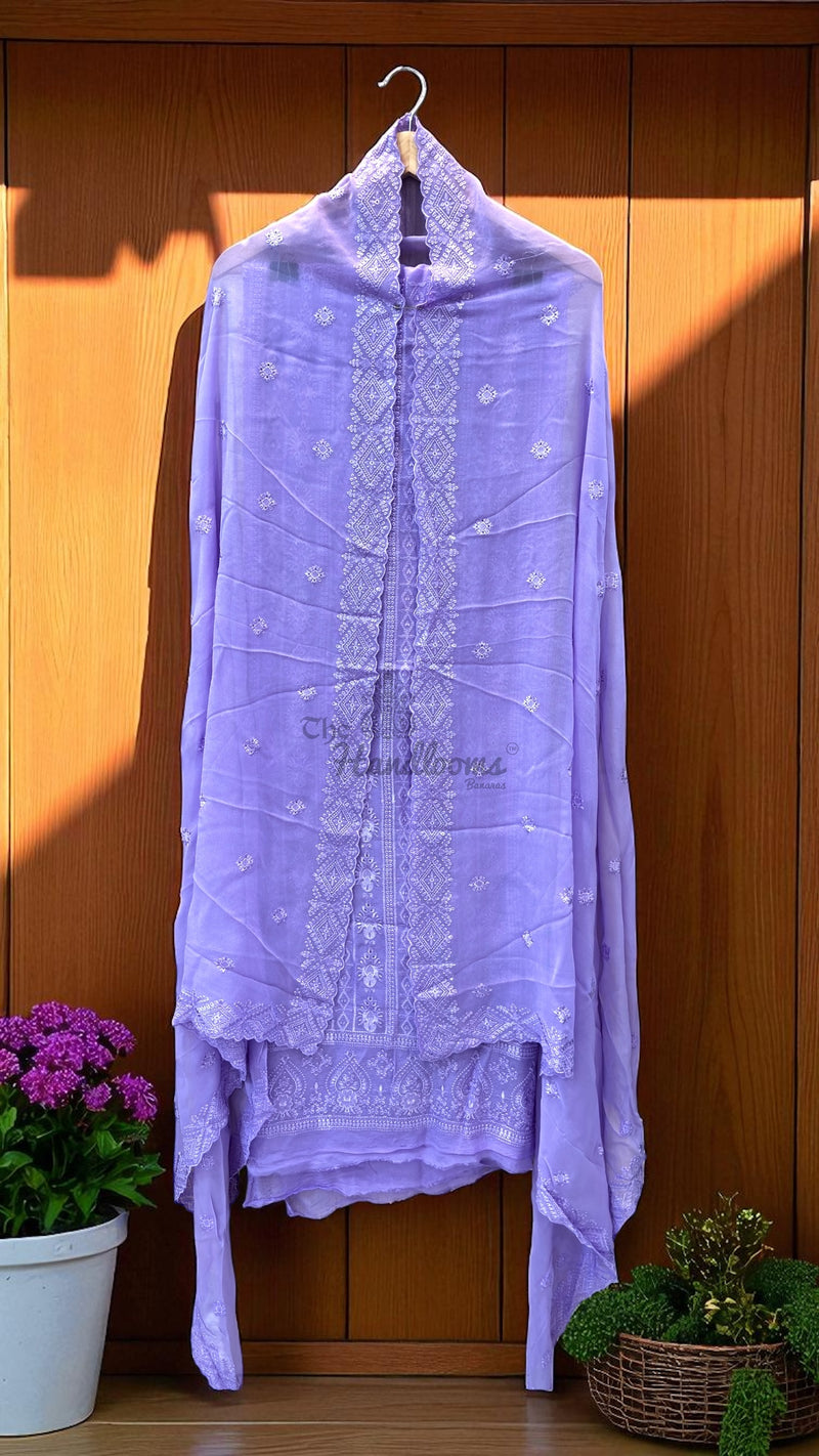 Pure Georgette Banarasi Chikan kari Dress Material - The Handlooms