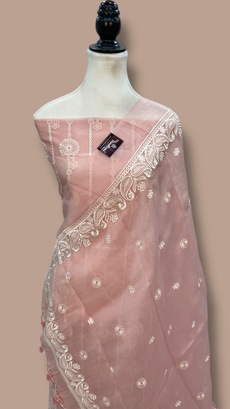 Pure Organza Chikankari Handloom Banarasi Dress Material - The Handlooms