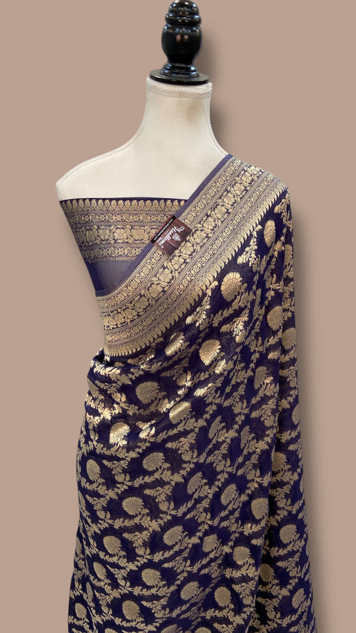 Navy Blue Georgette Banarasi Saree - The Handlooms