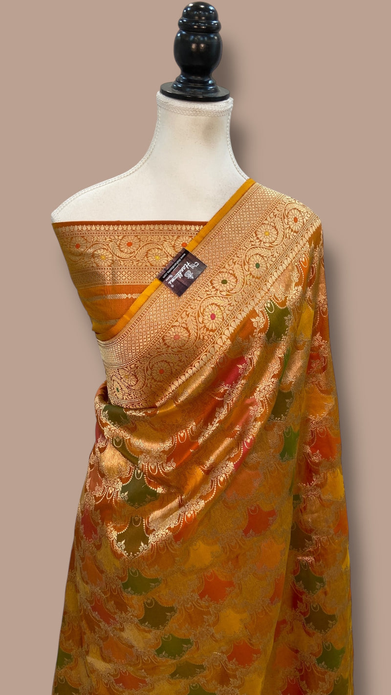 Multicolor Pure Katan Silk Banarasi Handloom Saree - All over Jaal Work With Rangkart - The Handlooms