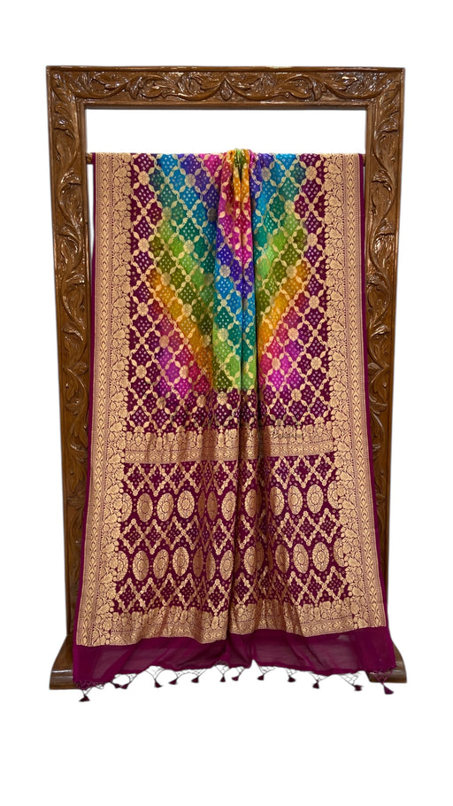 Pure Georgette Banarasi Bandhej Handloom Saree Multicolor - The Handlooms