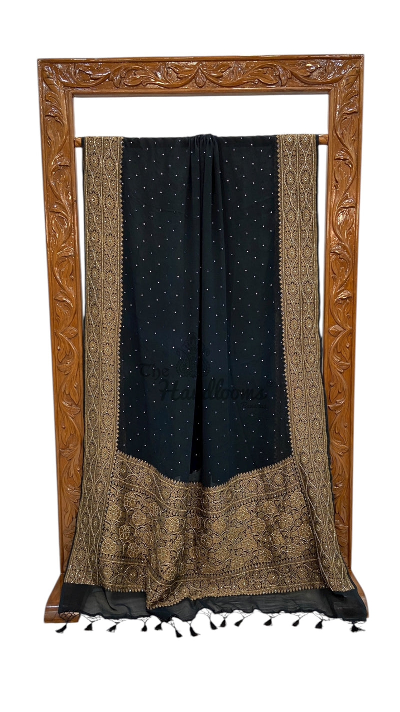 Khaddi Georgette Handloom Banarasi Saree with Handwork: Gota Patti, Zardozi, Diamond Chain, Katdana, and Abla Detailing - The Handlooms