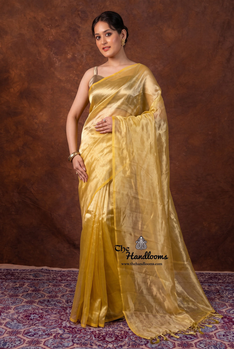 Yellow Pure Kora Tissue Handloom Banarasi Saree - Plain