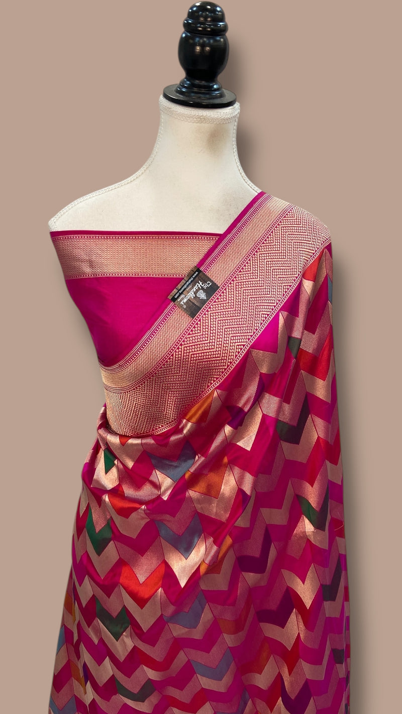 Multicolor Pure Katan Silk Banarasi Handloom Saree - All over Jaal Work With Rangkart