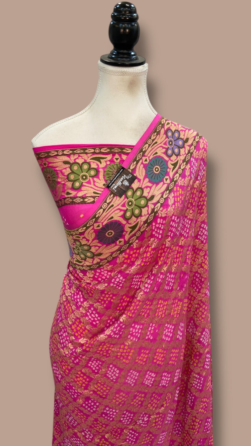 Pure Georgette Banarasi Bandhej Handloom Saree - Meenakari - The Handlooms