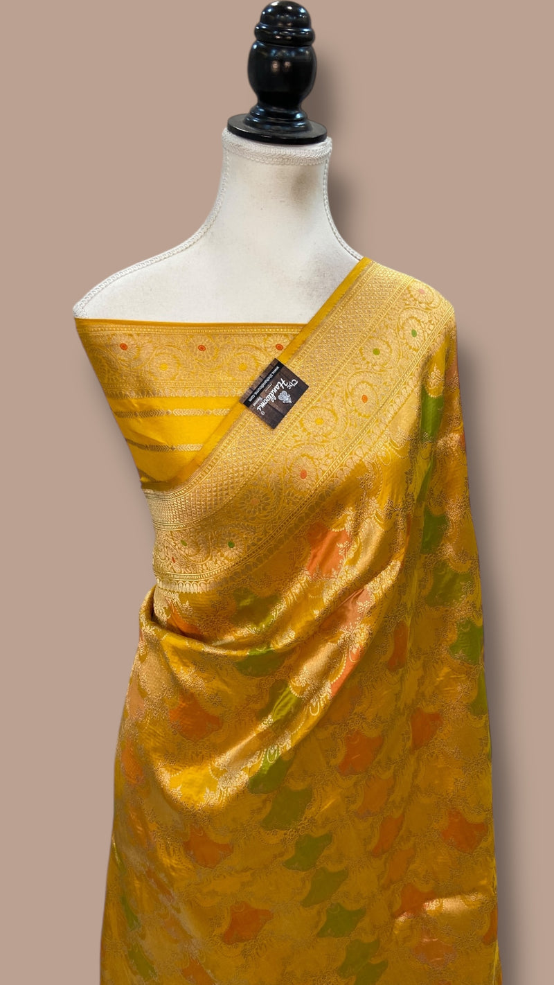 Multicolor Pure Katan Silk Banarasi Handloom Saree - All over Jaal Work With Rangkart - The Handlooms