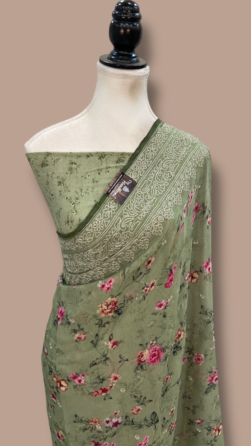 Pure Georgette Handloom Banarasi Saree - Digital Print With Chikankari - The Handlooms