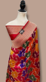 Multicolor Pure Katan Silk Banarasi Handloom Saree - All over Jaal Work With Rangkart - The Handlooms