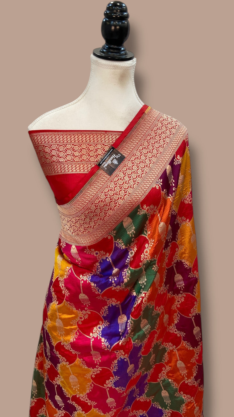 Multicolor Pure Katan Silk Banarasi Handloom Saree - All over Jaal Work With Rangkart - The Handlooms