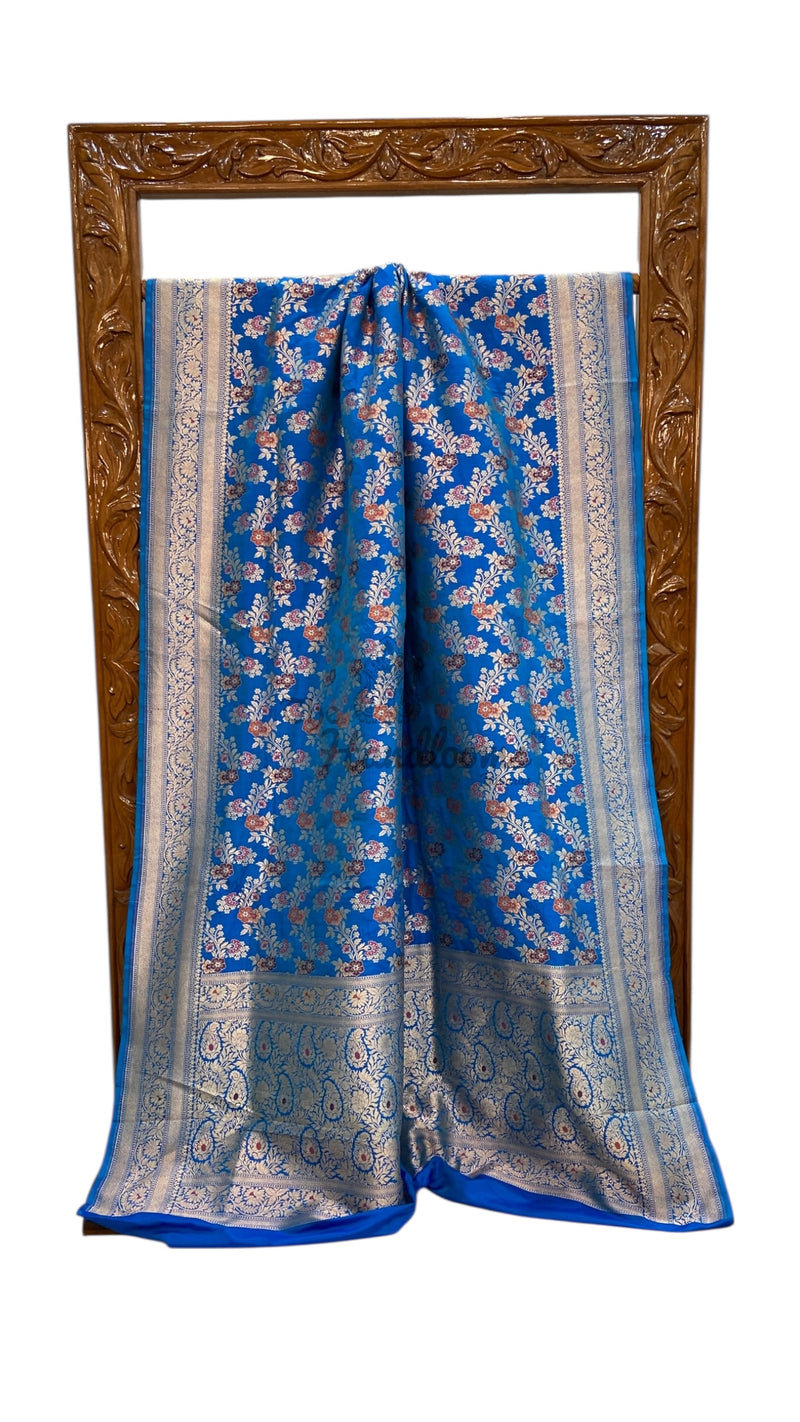 Blue Pure Katan Silk Banarasi Handloom Saree - All over Jaal Work With Meenakari - The Handlooms