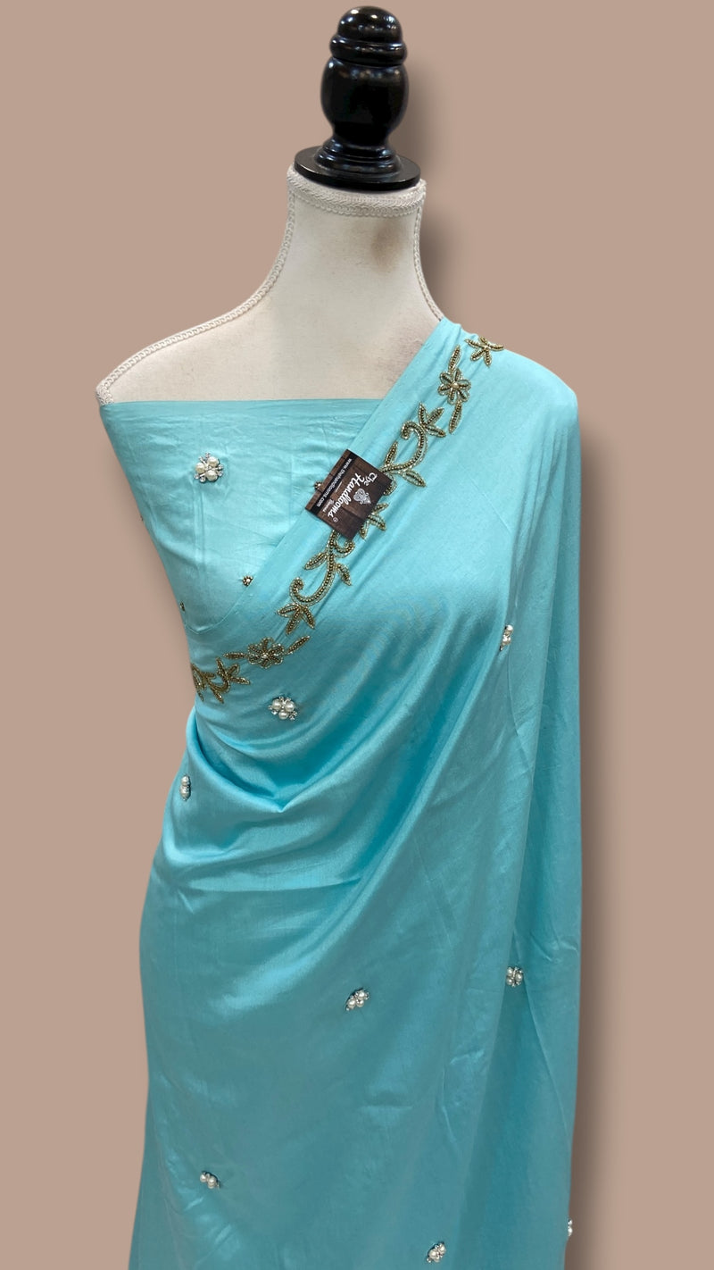 Pure Katan Chiniya Silk Handloom Banarasi Saree with Handwork - The Handlooms