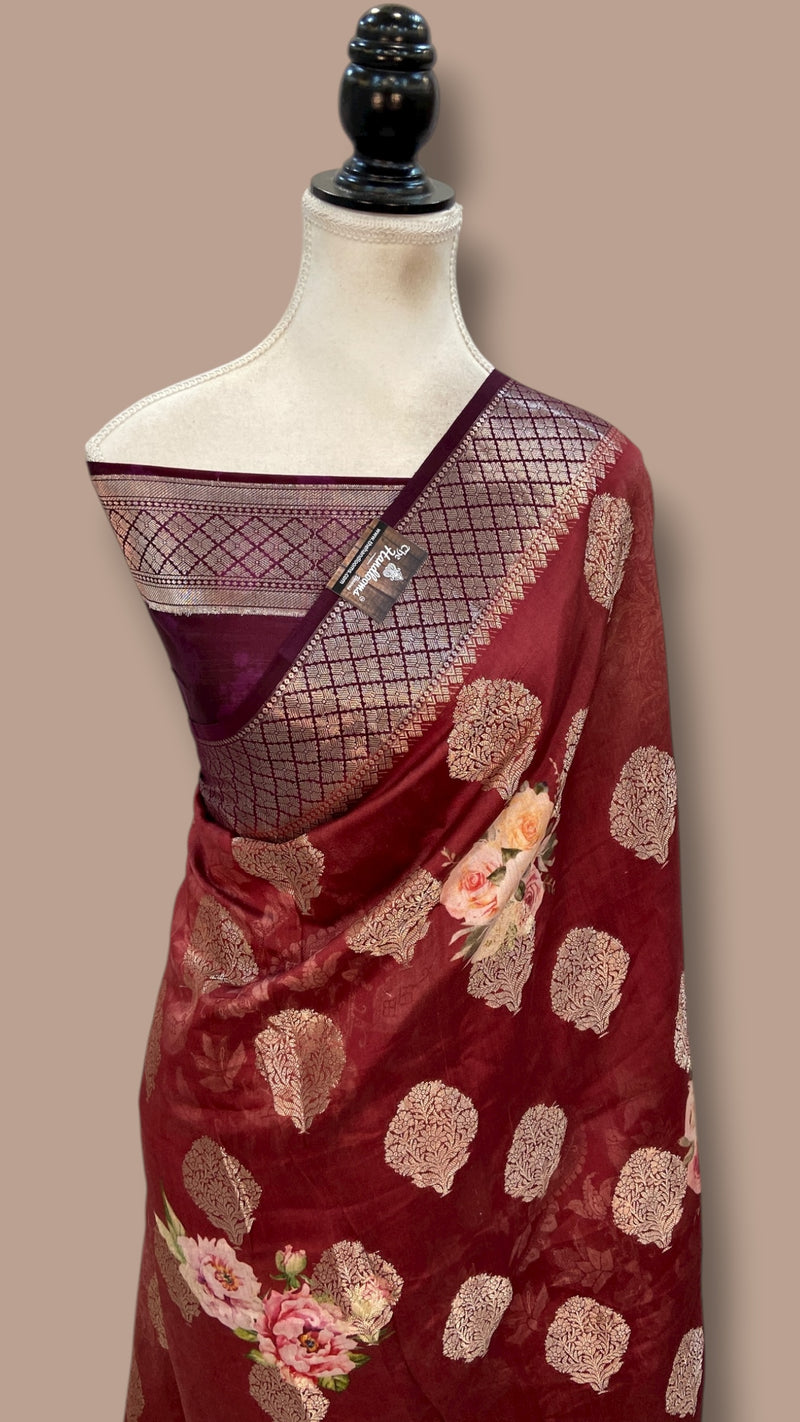 Pure Chiniya Silk Handloom Banarasi Saree Digital Print - The Handlooms