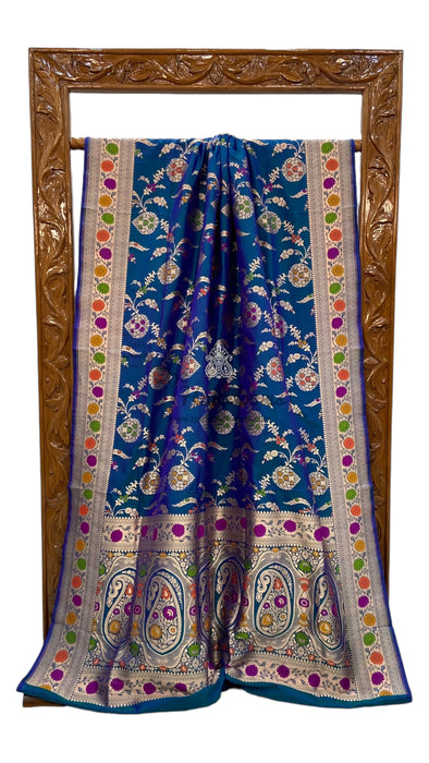 German Blue Pure Katan Silk Banarasi Handloom Saree - All over Jaal work with Meenakari