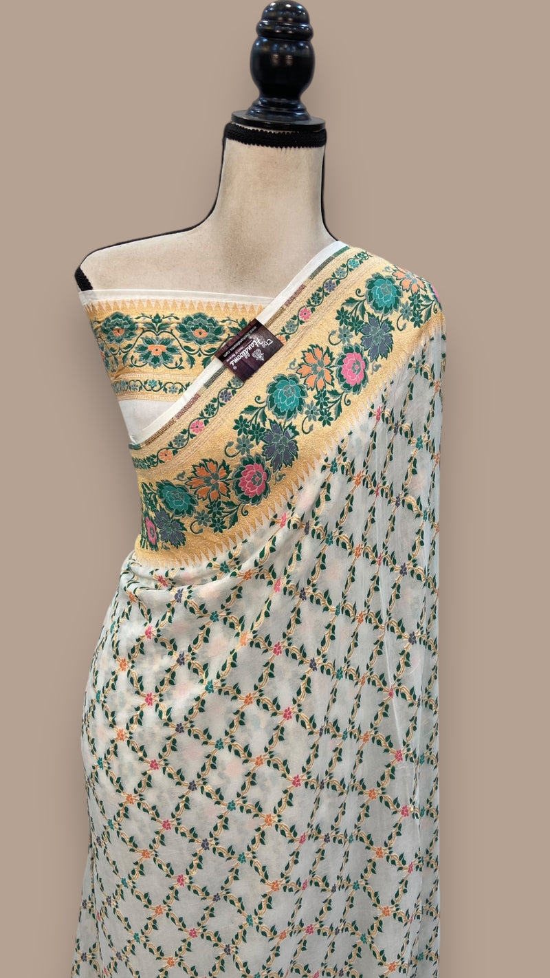 Pure Georgette Banarasi Handloom Saree - with meenakari work Gold Zari - The Handlooms