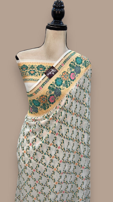 Pure Georgette Banarasi Handloom Saree - with meenakari work Gold Zari