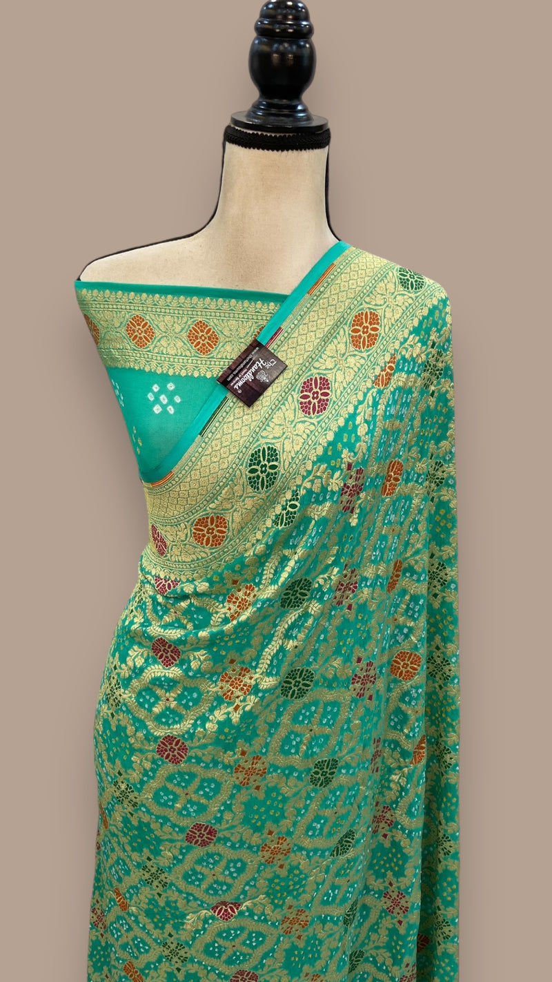 Pure Georgette Banarasi Bandhej Handloom Saree - with meenakari work - The Handlooms