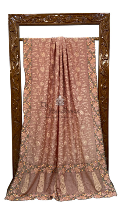 Moonga Georgette Handloom Banarasi Saree With Chikankari