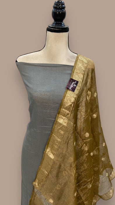 Pure Chanderi Cotton Banarasi Dress material - Chikankari With Organza Dupatta