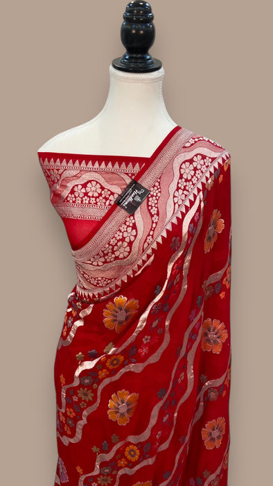 Pure Khaddi Georgette Handloom Banarasi Saree - All over Jaal Work With Meenakari