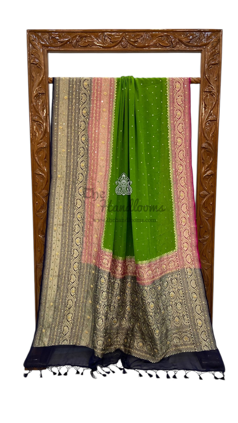 Khaddi Georgette Handloom Banarasi Saree with Handwork: Gota Patti, Zardozi, Diamond Chain, Katdana, and Abla Detailing - The Handlooms